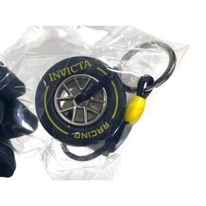 Invicta Racing Race Car Tire Black Yellow Keychain Chrome Ring Metal Wheel NEW